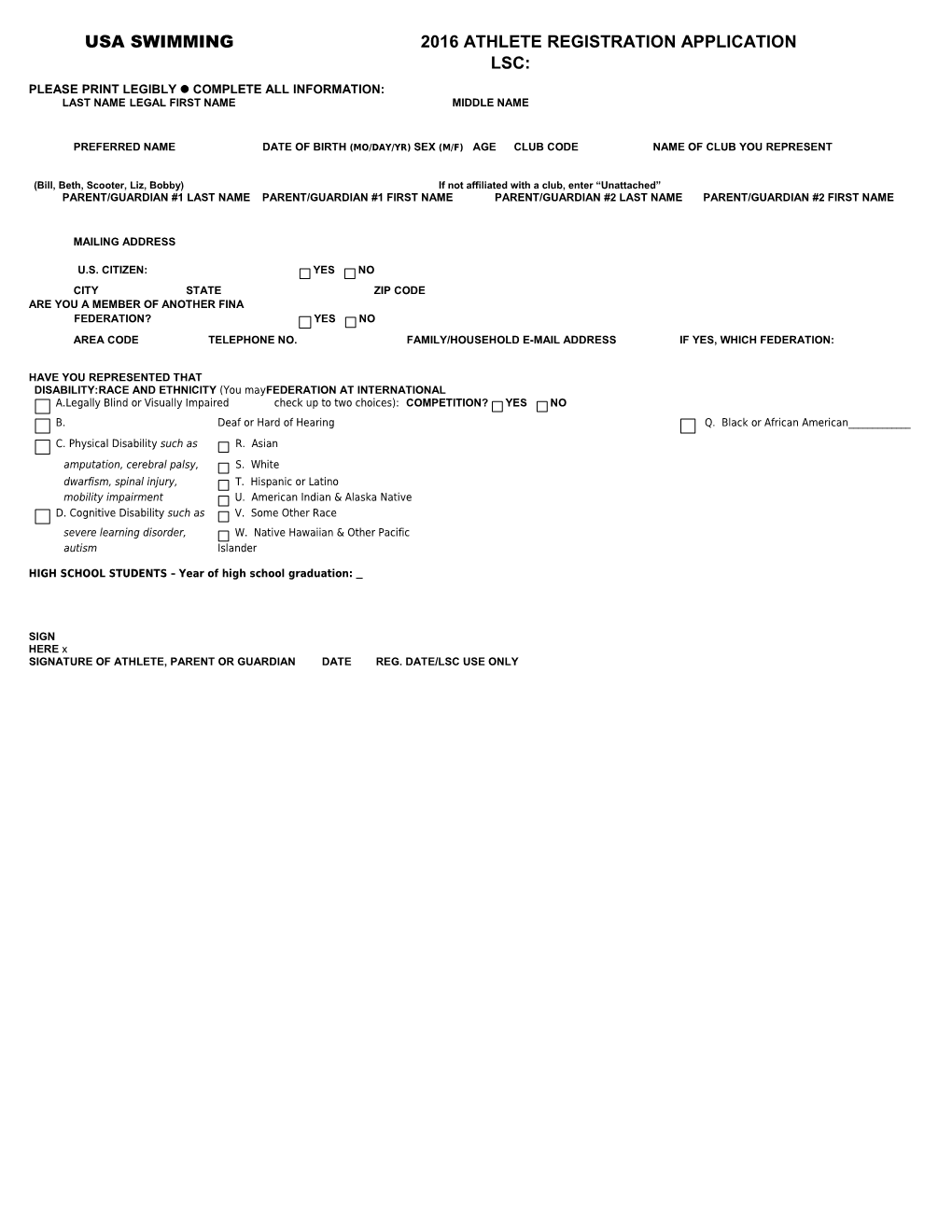 Usa Swimming 2016 Athlete Registration Application