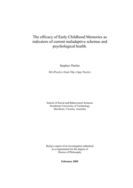 The Efficacy of Early Childhood Memories As Indicators of Current Maladaptive Schemas and Psychological Health