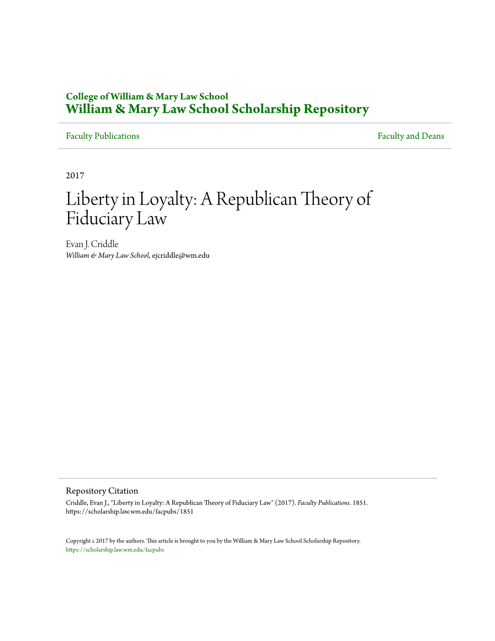 A Republican Theory of Fiduciary Law Evan J