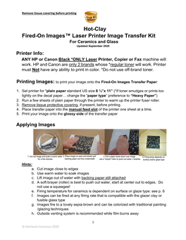 Hot-Clay Fired-On Images™ Laser Printer Image Transfer Kit for Ceramics and Glass Updated September 2020