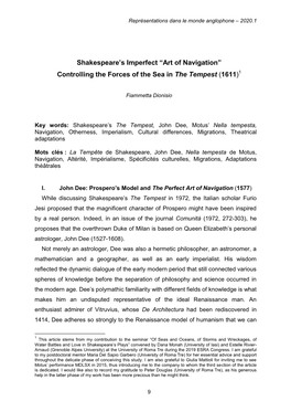 Shakespeare's Imperfect “Art of Navigation” Controlling the Forces of the Sea in the Tempest
