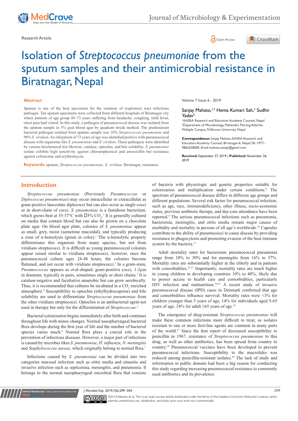 Isolation of Streptococcus Pneumoniae from the Sputum Samples and Their Antimicrobial Resistance in Biratnagar, Nepal