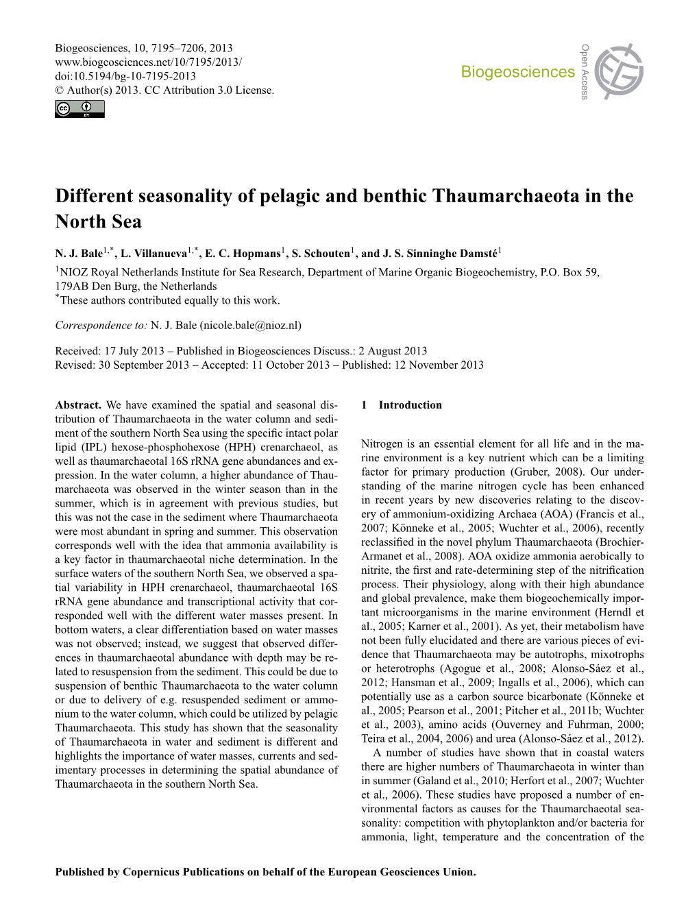 Different Seasonality of Pelagic and Benthic Thaumarchaeota in the North Sea