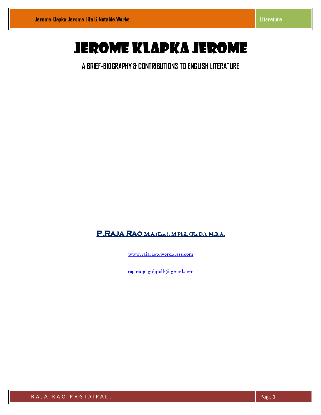 Jerome Klapka Jerome Life & Notable Works Literature