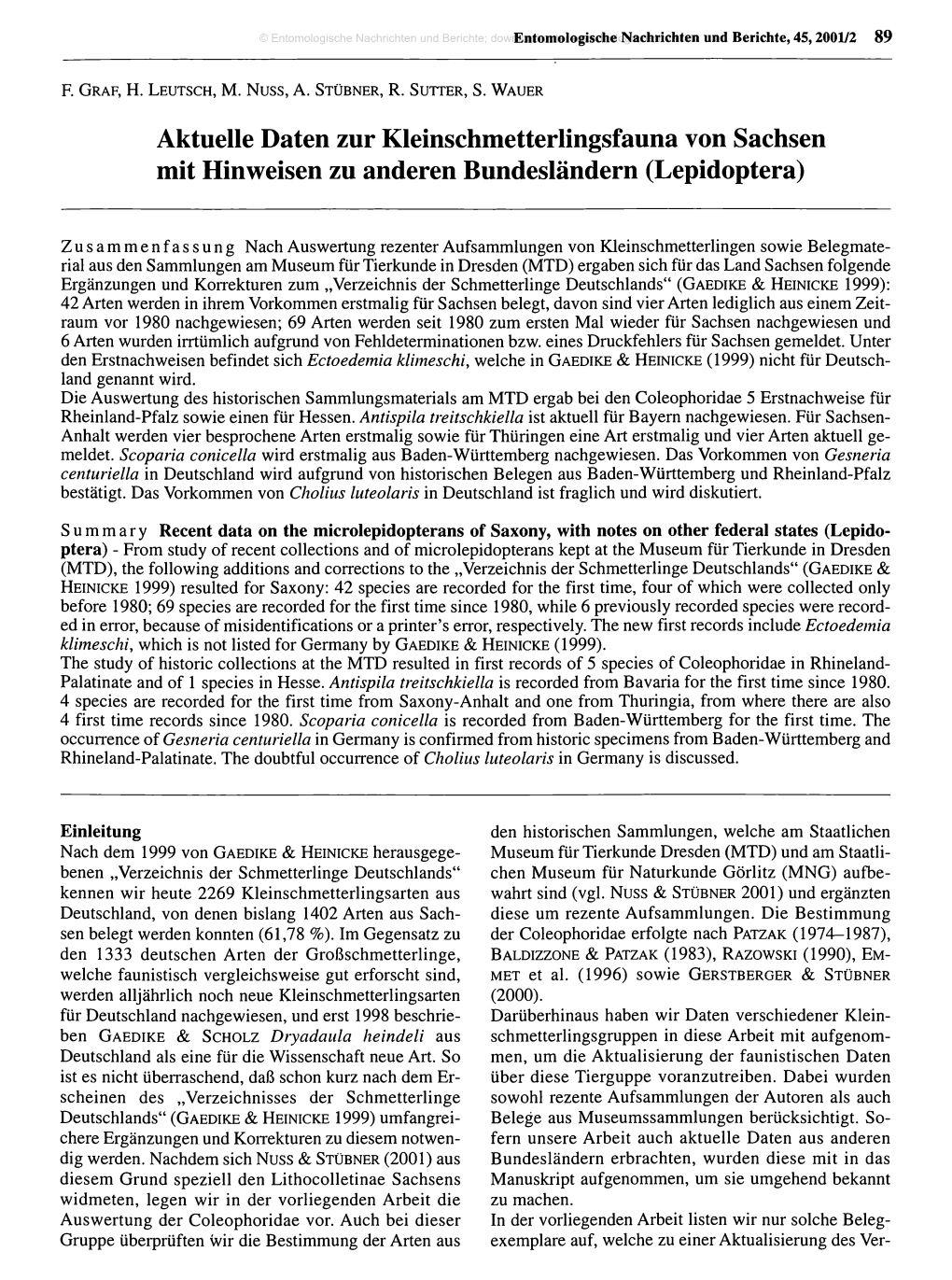 Aktuelle Daten Zur Kleinschmetterlingsfauna Von Sachsen Mit Hinweisen Zu Anderen Bundesländern (Lepidoptera)