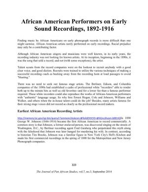 African American Performers on Early Sound Recordings, 1892-1916