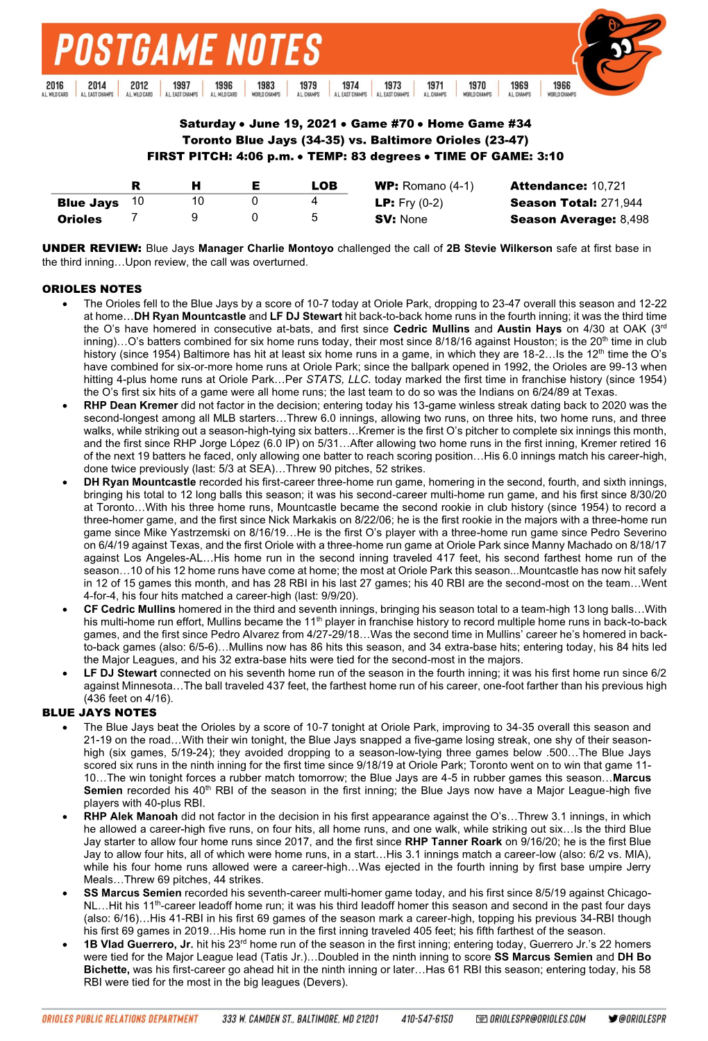 Saturday • June 19, 2021 • Game #70 • Home Game #34 Toronto Blue Jays (34-35) Vs. Baltimore Orioles (23-47) FIRST PITCH: 4:06 P.M