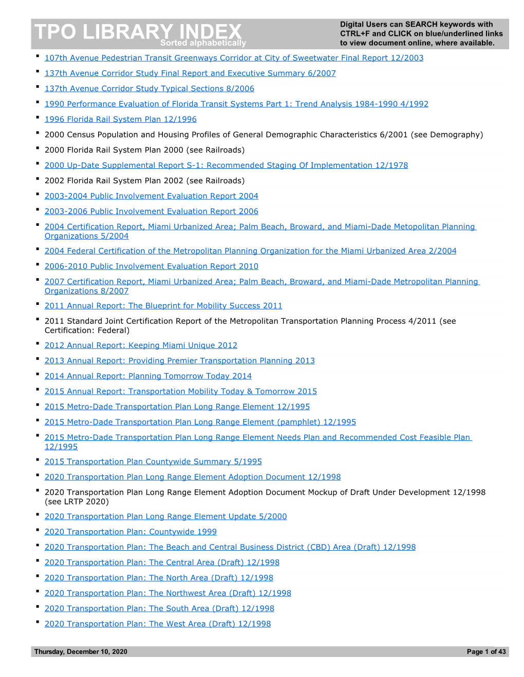 TPO LIBRARY INDEX CTRL+F and CLICK on Blue/Underlined Links Sorted Alphabetically to View Document Online, Where Available