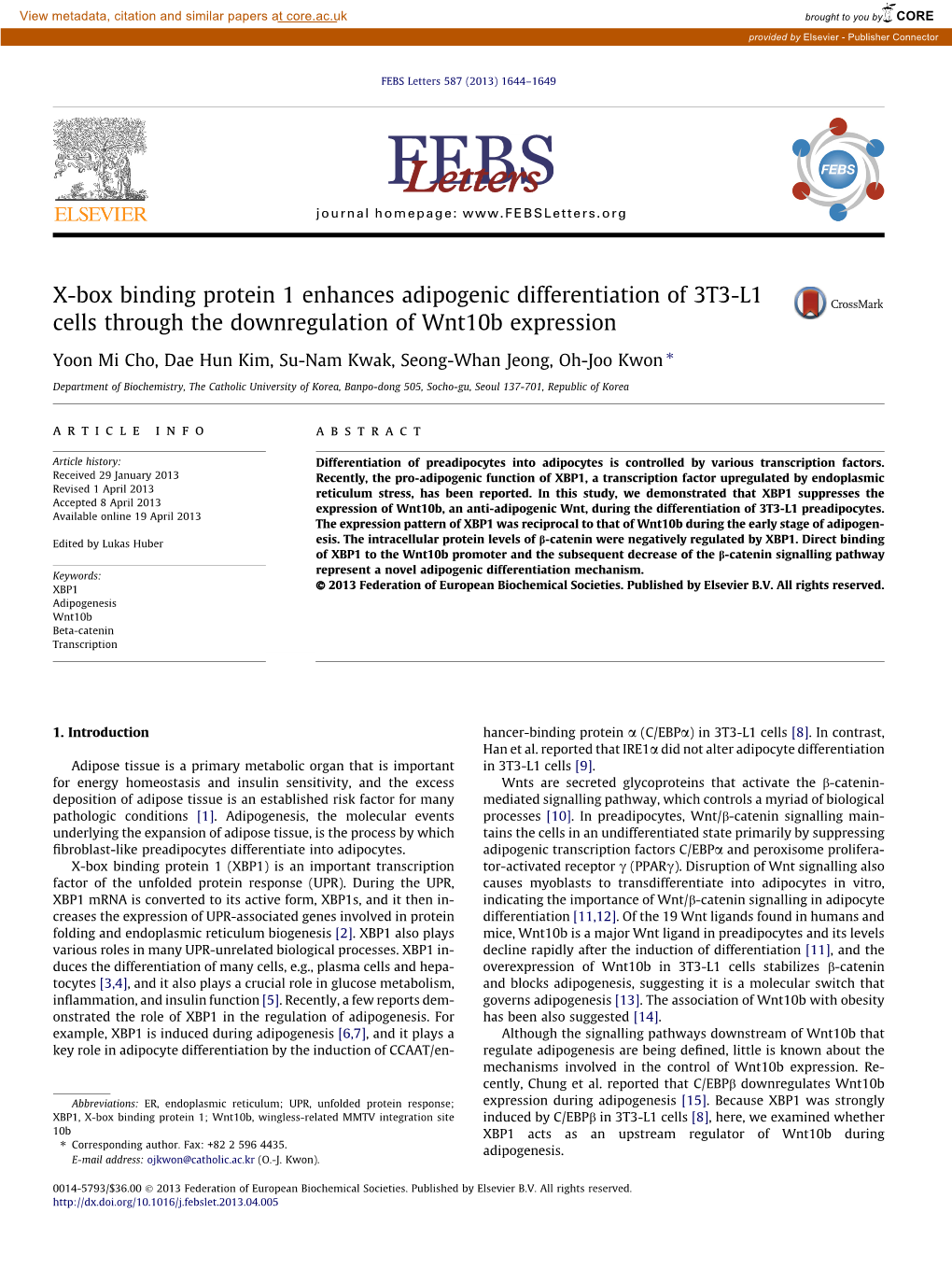 X-Box Binding Protein 1 Enhances Adipogenic Differentiation of 3T3-L1