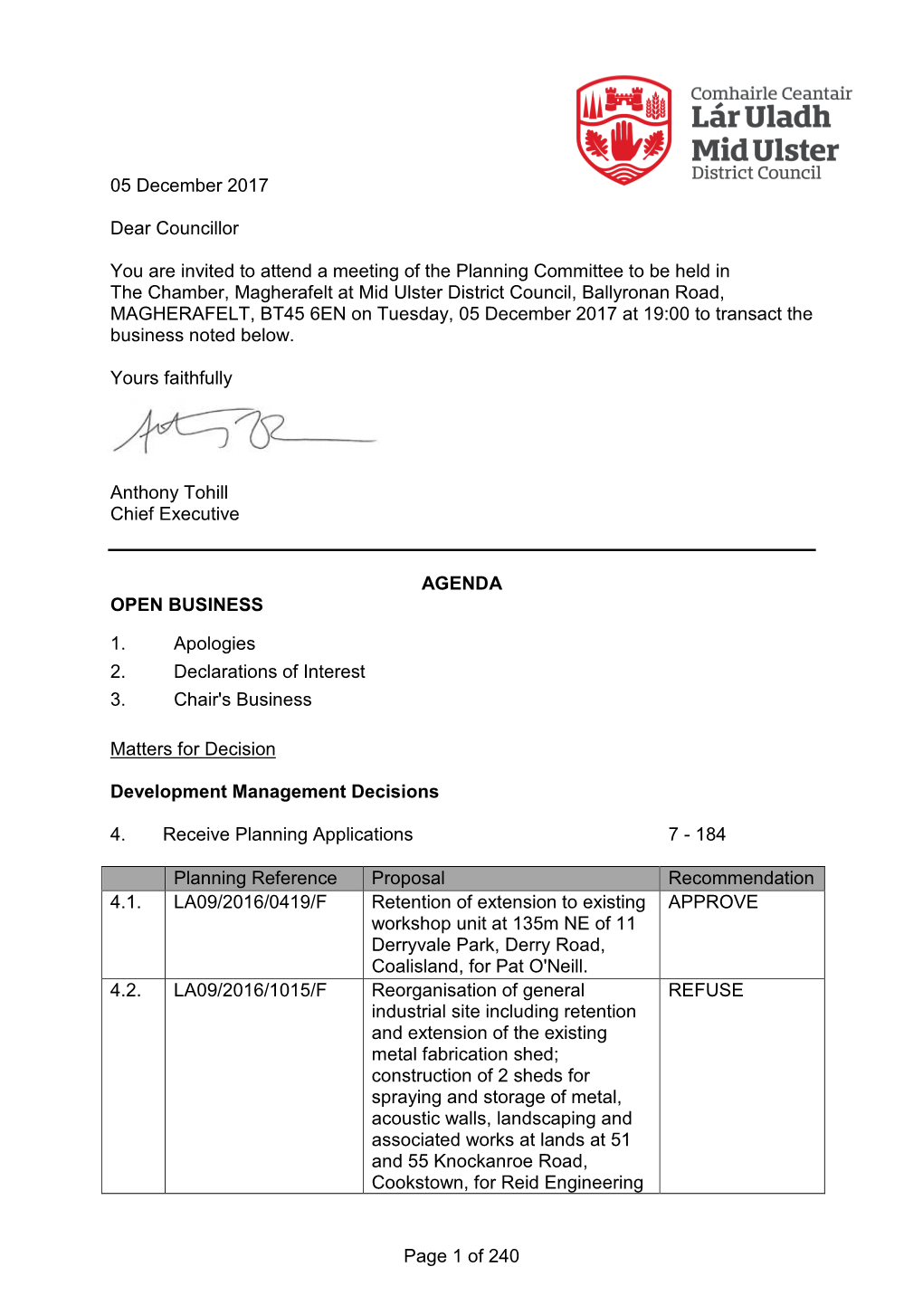 05 December 2017 Dear Councillor You Are Invited to Attend a Meeting of the Planning Committee to Be Held in the Chamber, Magher