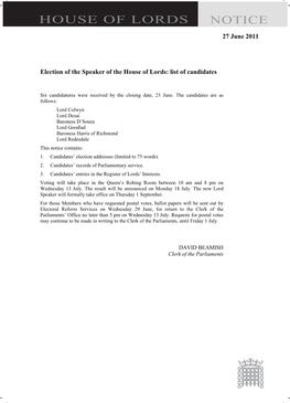 Election of the Speaker of the House of Lords: List of Candidates