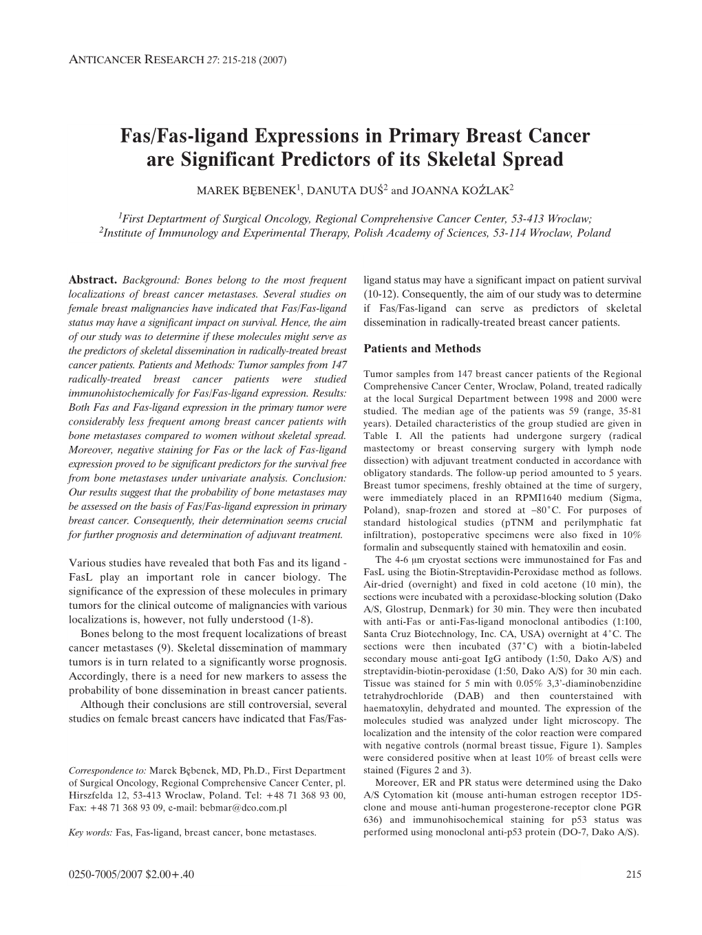 Fas/Fas-Ligand Expressions in Primary Breast Cancer Are Significant Predictors of Its Skeletal Spread