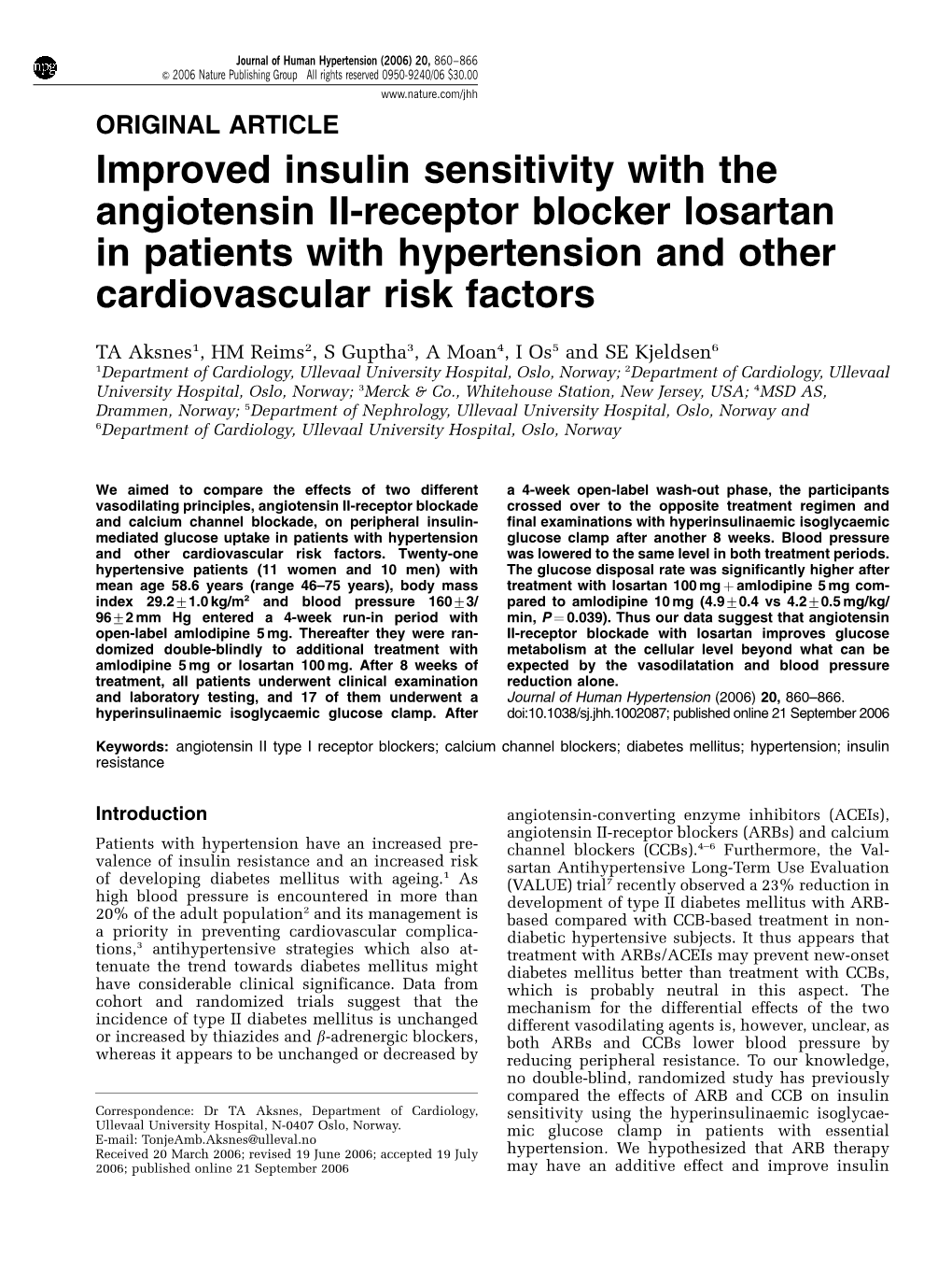 Improved Insulin Sensitivity with the Angiotensin II-Receptor Blocker Losartan in Patients with Hypertension and Other Cardiovascular Risk Factors