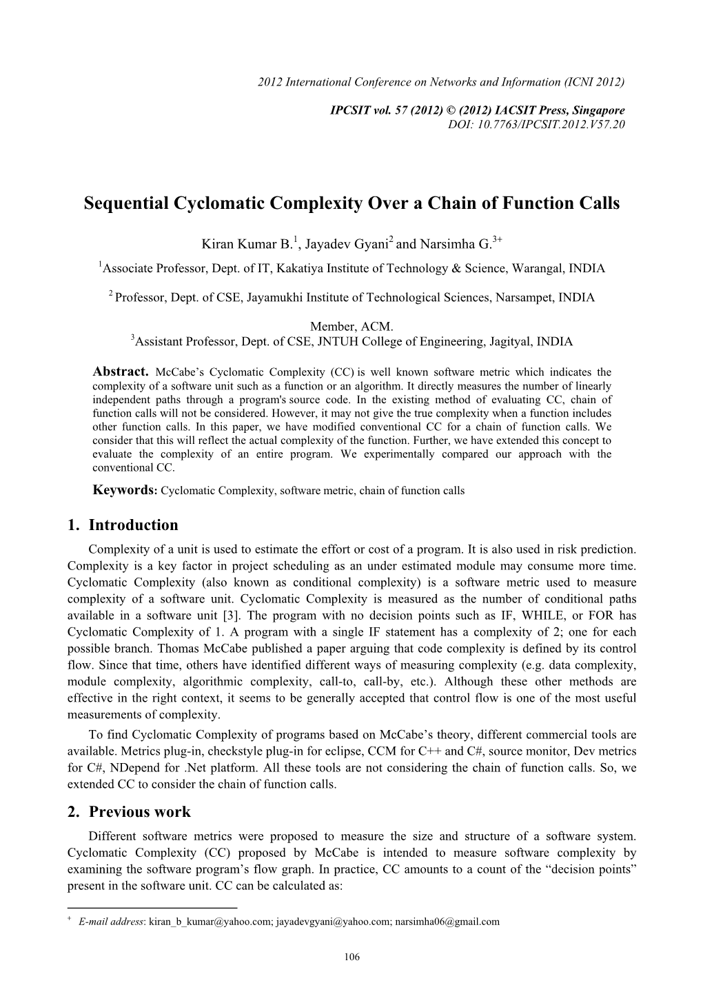 Sequential Cyclomatic Complexity Over a Chain of Function Calls