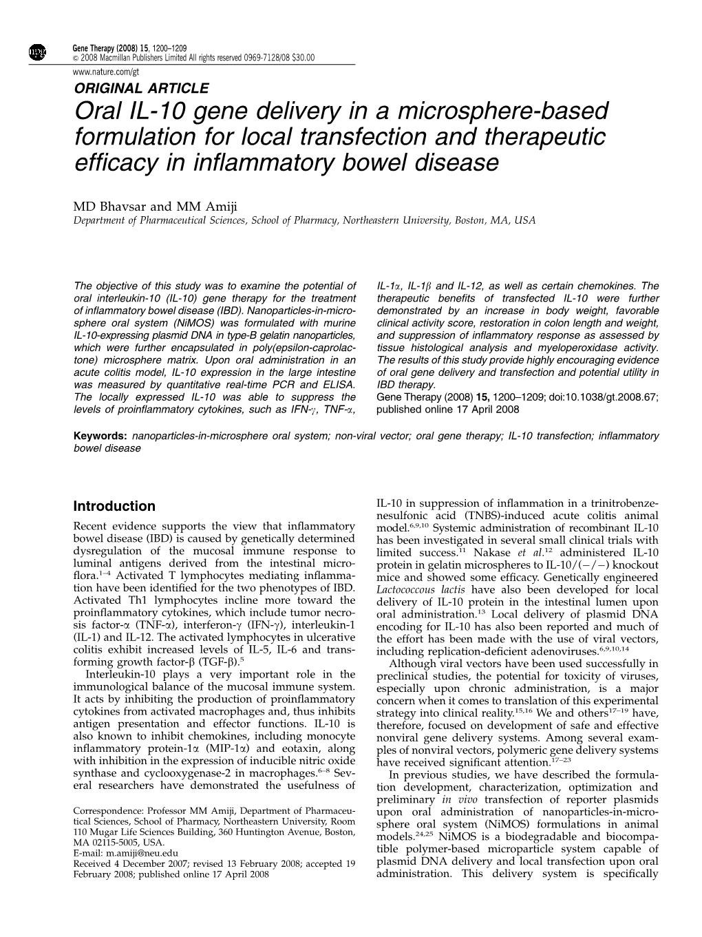 Oral IL-10 Gene Delivery in a Microsphere-Based Formulation for Local Transfection and Therapeutic Efﬁcacy in Inﬂammatory Bowel Disease