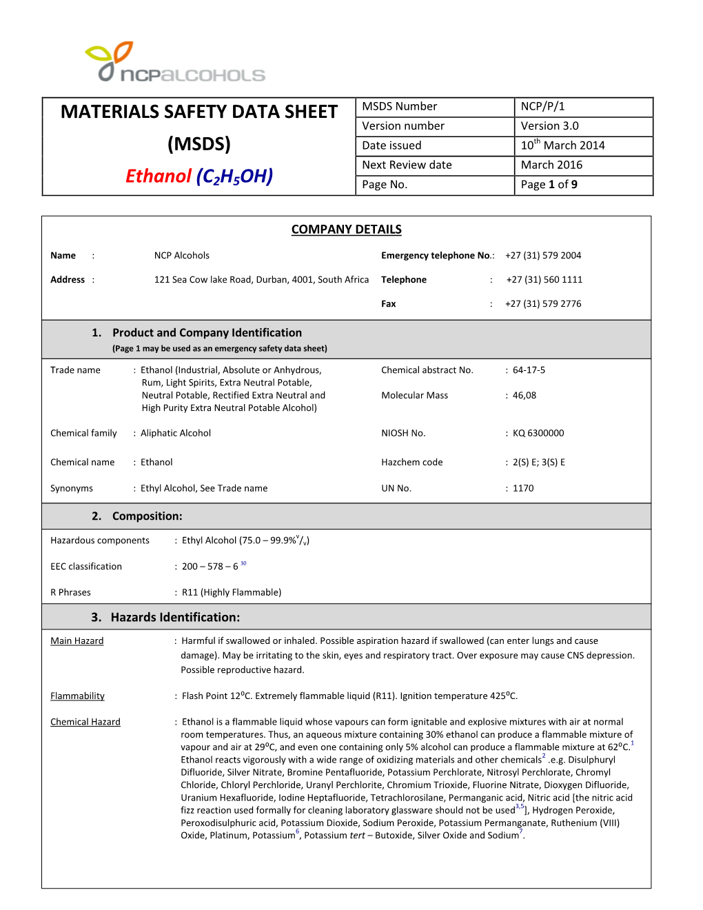 MATERIALS SAFETY DATA SHEET (MSDS) Ethanol (C2H5OH) - DocsLib