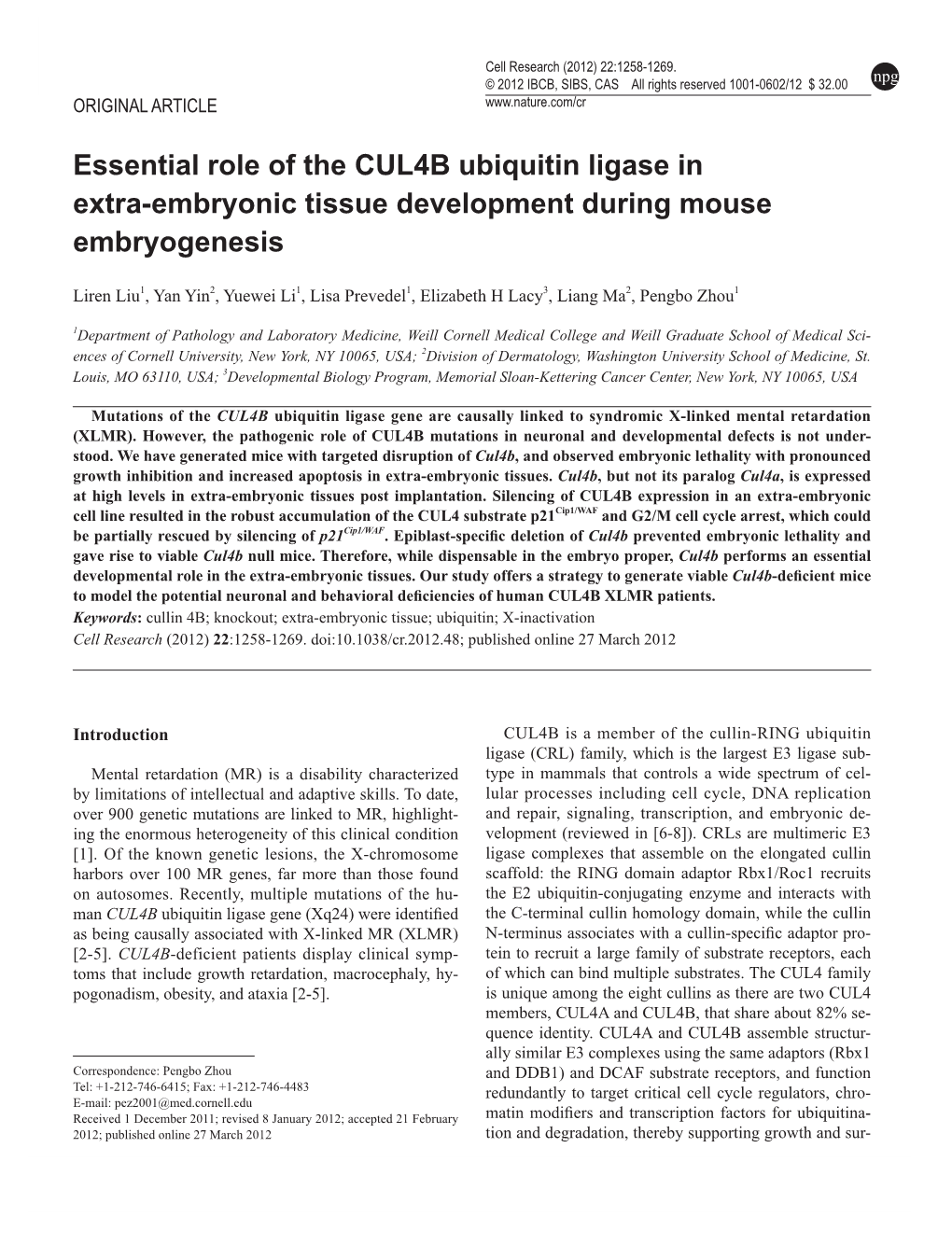 Essential Role of the CUL4B Ubiquitin Ligase in Extra-Embryonic Tissue Development During Mouse Embryogenesis