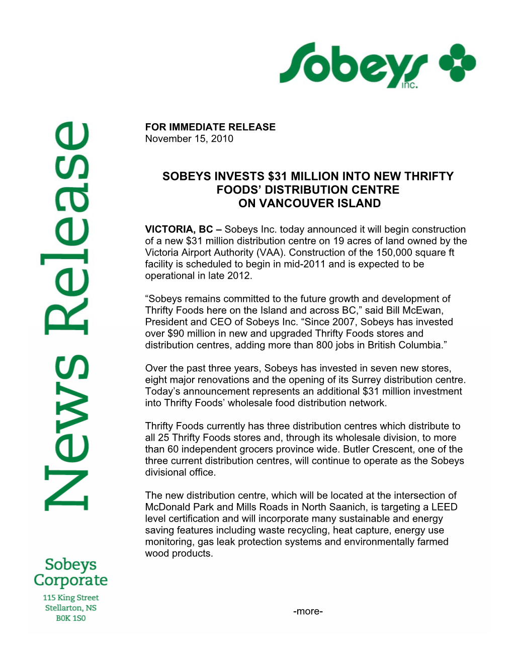 Sobeys Invests $31 Million Into New Thrifty Foods' Distribution Centre On