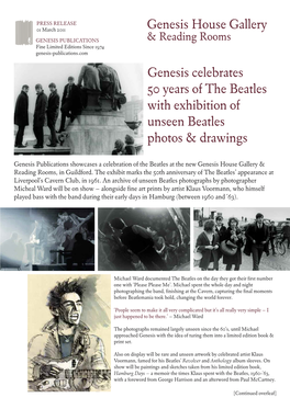 Genesis Celebrates 50 Years of the Beatles with Exhibition of Unseen Beatles Photos & Drawings