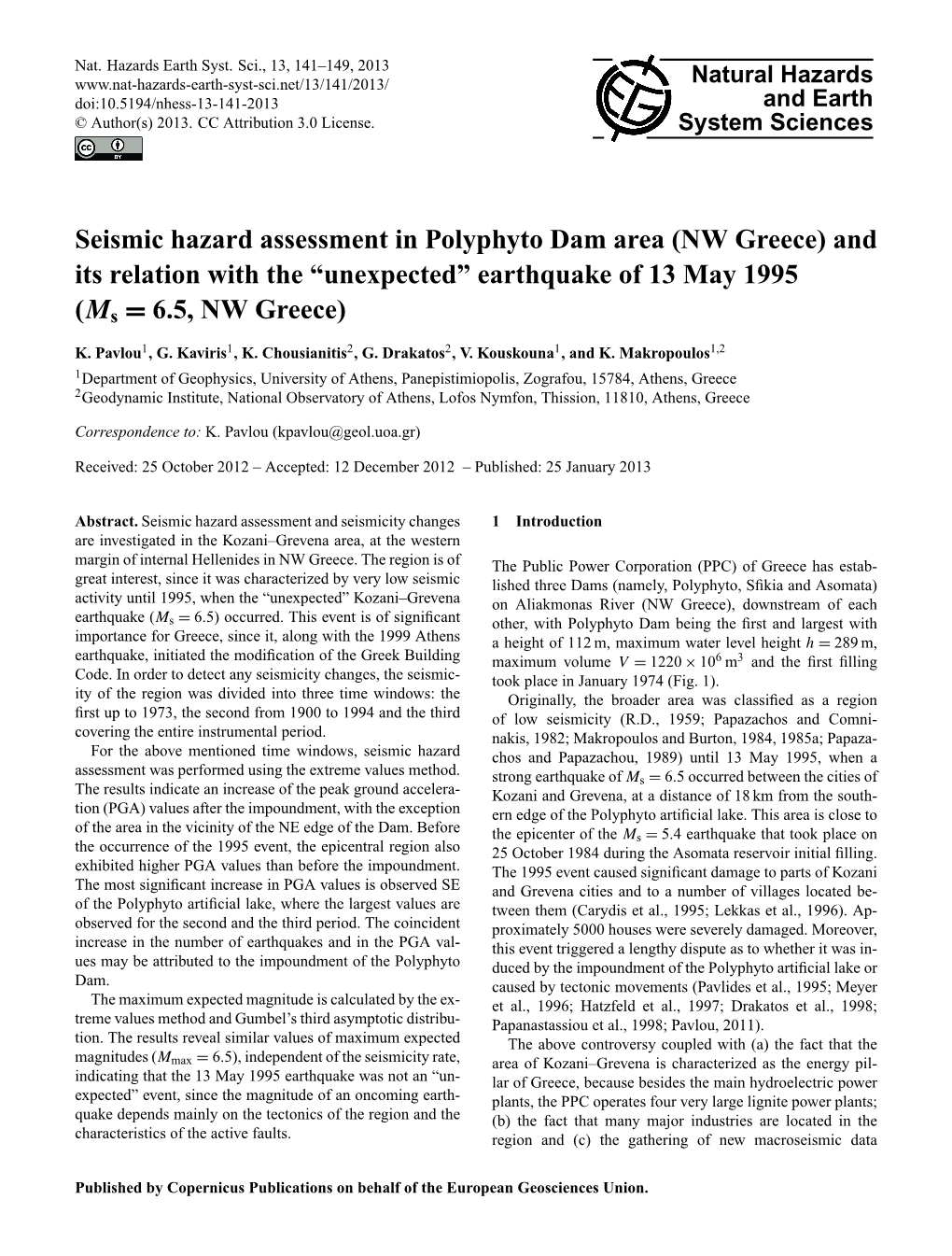 Seismic Hazard Assessment in Polyphyto Dam Area (NW Greece) and Its Relation with the “Unexpected” Earthquake of 13 May 1995 (Ms = 6.5, NW Greece)