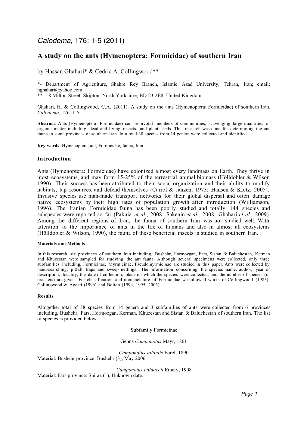 Hymenoptera: Formicidae) of Southern Iran by Hassan Ghahari* & Cedric A