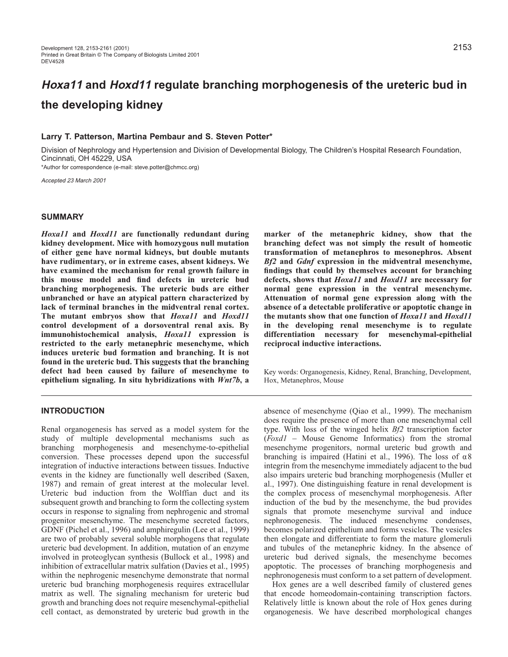 Hoxa11/D11 Function in Renal Development 2155