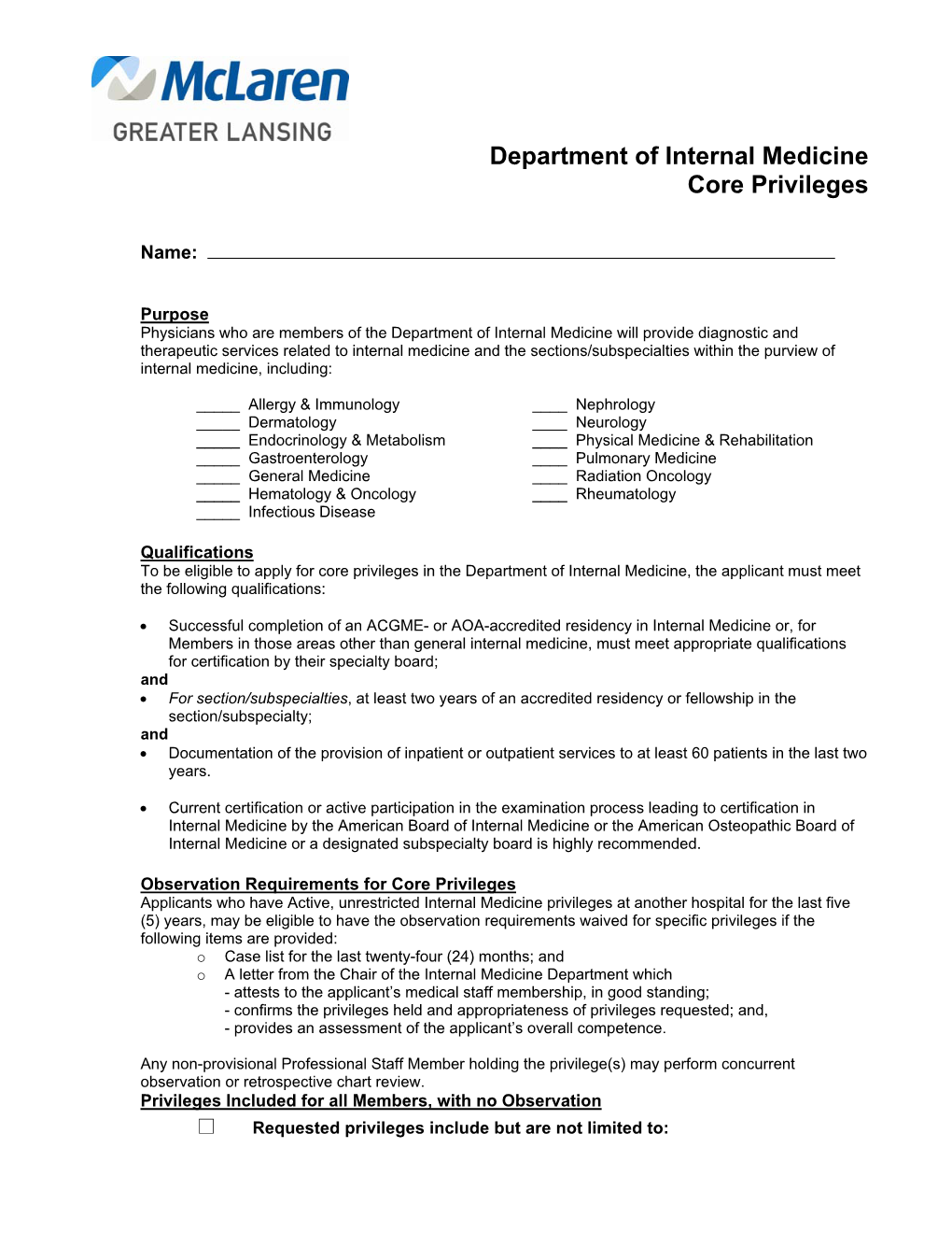 Department of Internal Medicine Core Privileges