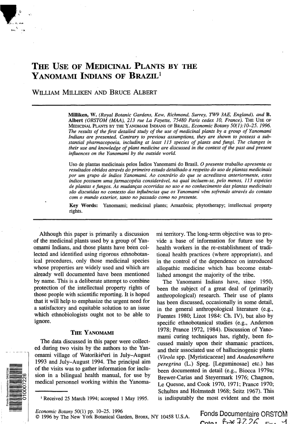 The Use of Medicinal Plants by the Yanomami Indians of Brazil~