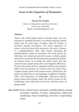 Issues in the Linguistics of Onomastics