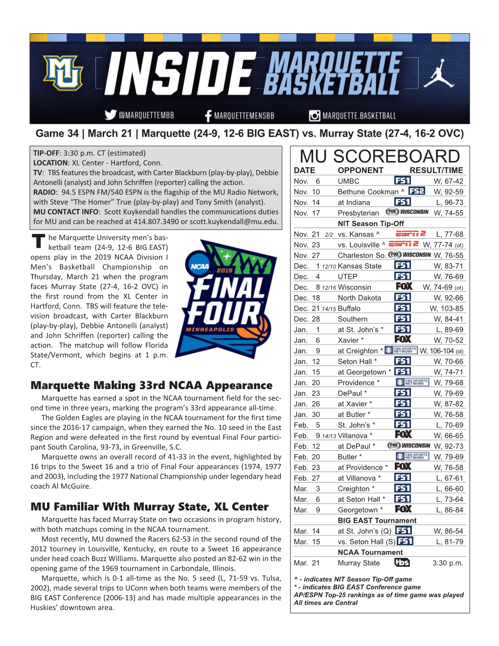 Marquette Game Notes Page 2 INJURY REPORT LAST GAME STARTERS Player (Injury) Status NAME POS