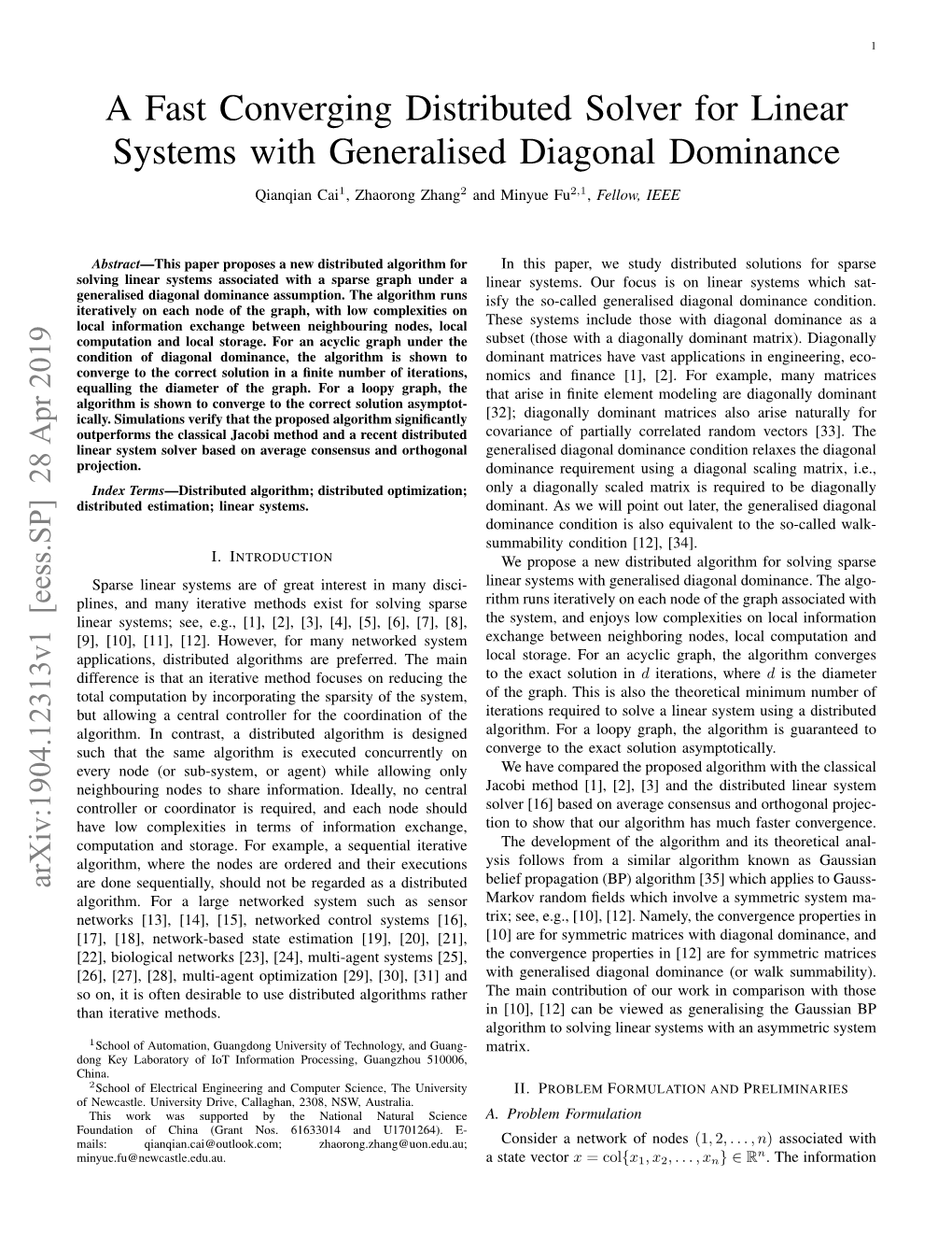 A Fast Converging Distributed Solver for Linear Systems with Generalised Diagonal Dominance