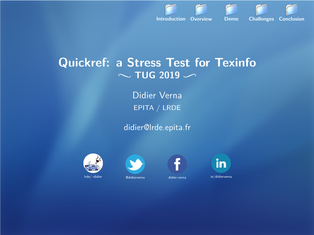 Quickref: a Stress Test for Texinfo E TUG 2019 E