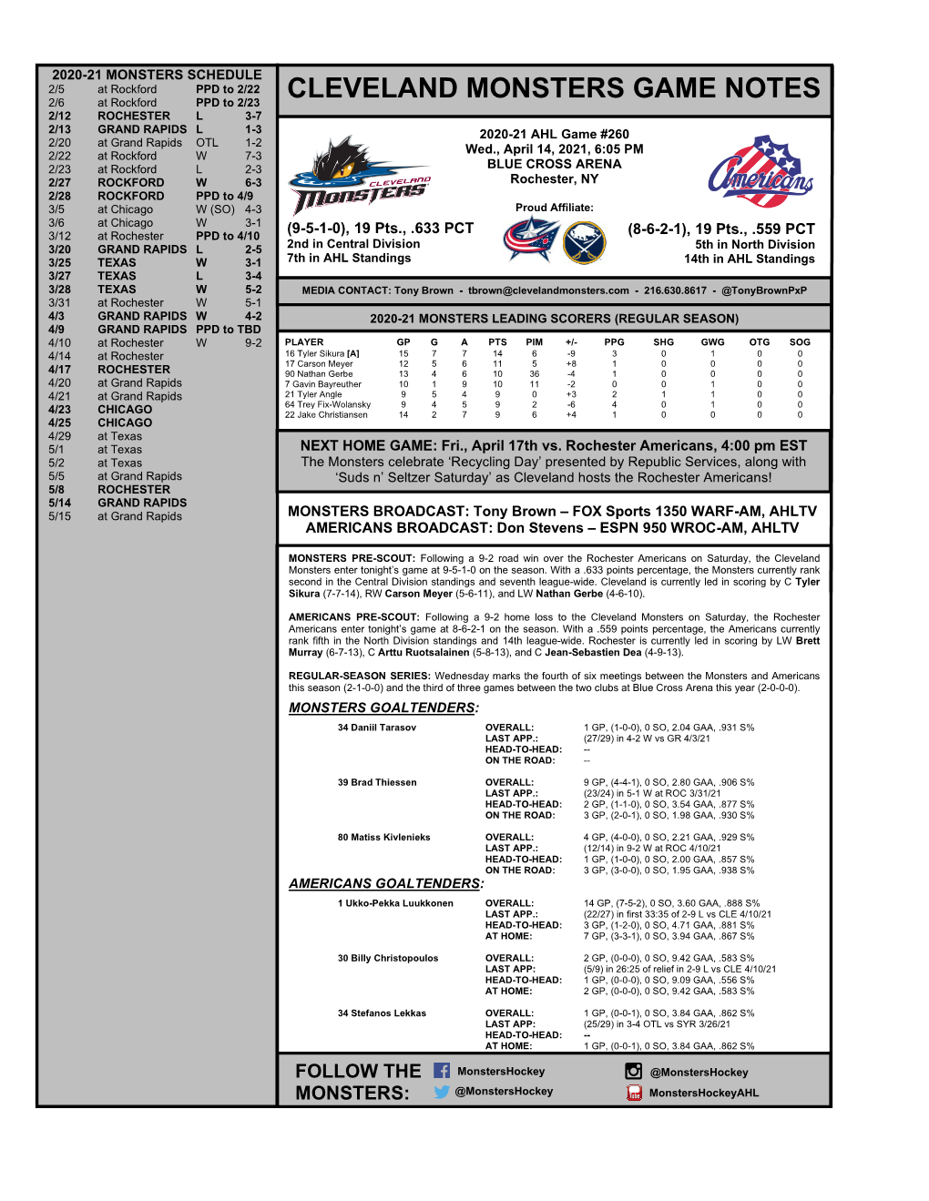 Cleveland Monsters Game Notes