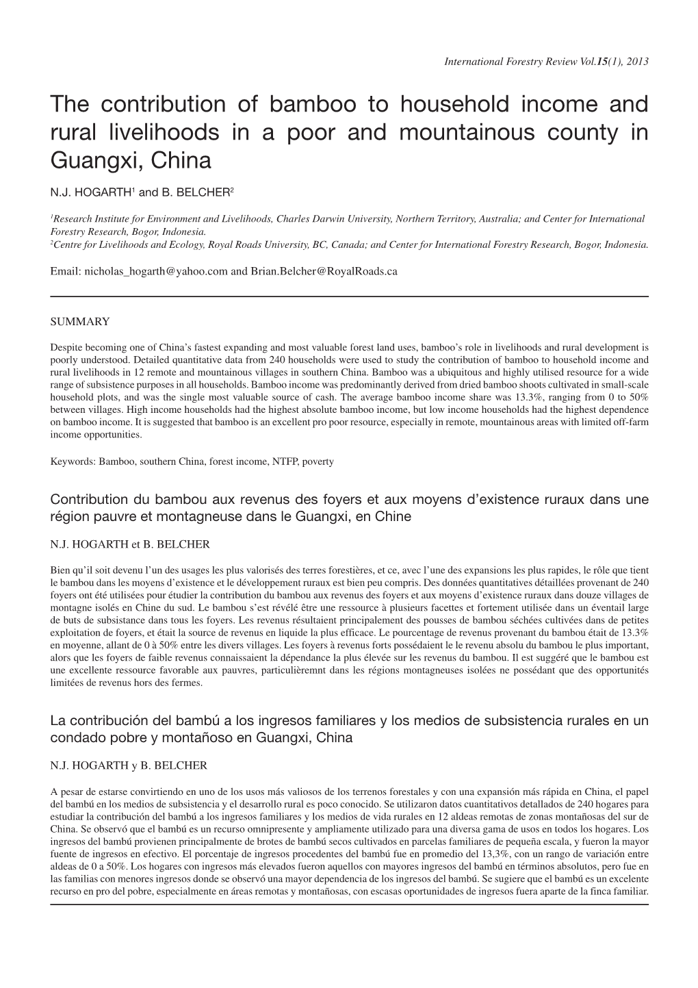 The Contribution of Bamboo to Household Income and Rural Livelihoods in a Poor and Mountainous County in Guangxi, China