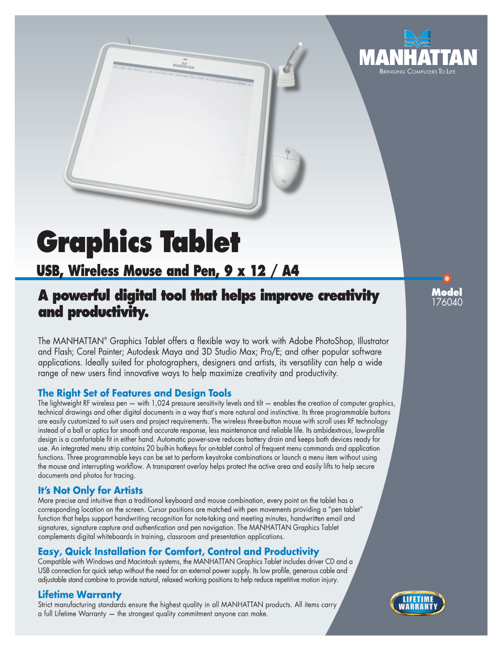 Graphics Tablet USB, Wireless Mouse and Pen, 9 X 12 / A4 Model a Powerful Digital Tool That Helps Improve Creativity 176040 and Productivity