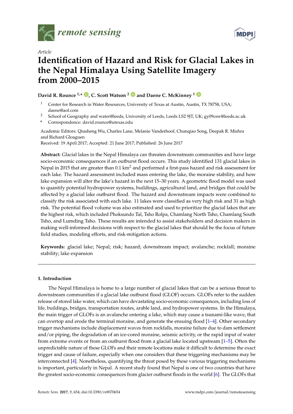 Identification of Hazard and Risk for Glacial Lakes in the Nepal