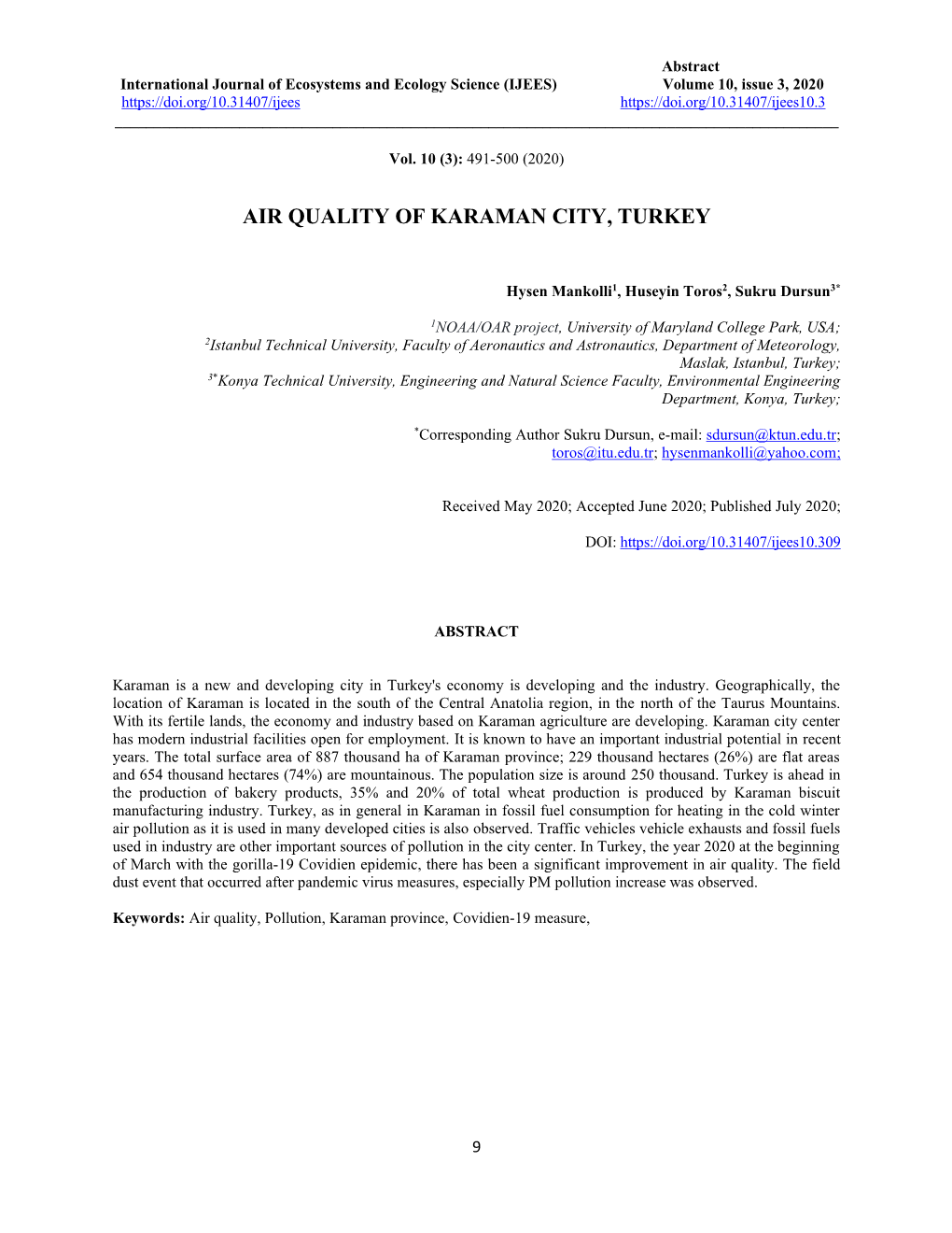 Hysen Mankolli1, Huseyin Toros2, Sukru Dursun3*, AIR QUALITY OF