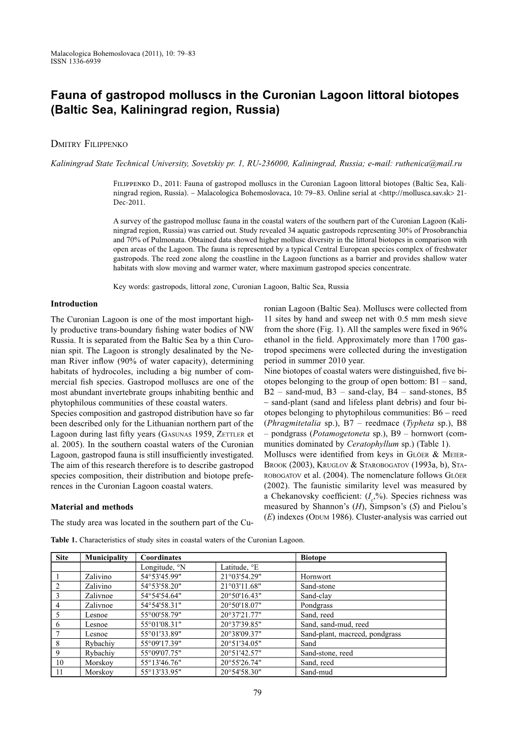 Fauna of Gastropod Molluscs in the Curonian Lagoon Littoral Biotopes (Baltic Sea, Kaliningrad Region, Russia)