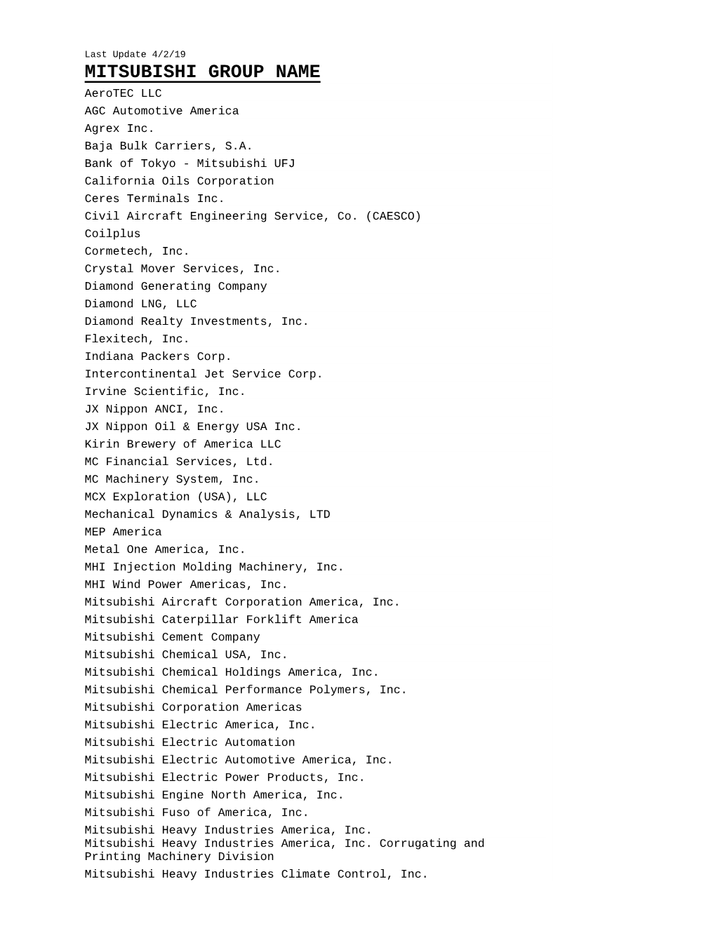 MITSUBISHI GROUP NAME Aerotec LLC AGC Automotive America Agrex Inc