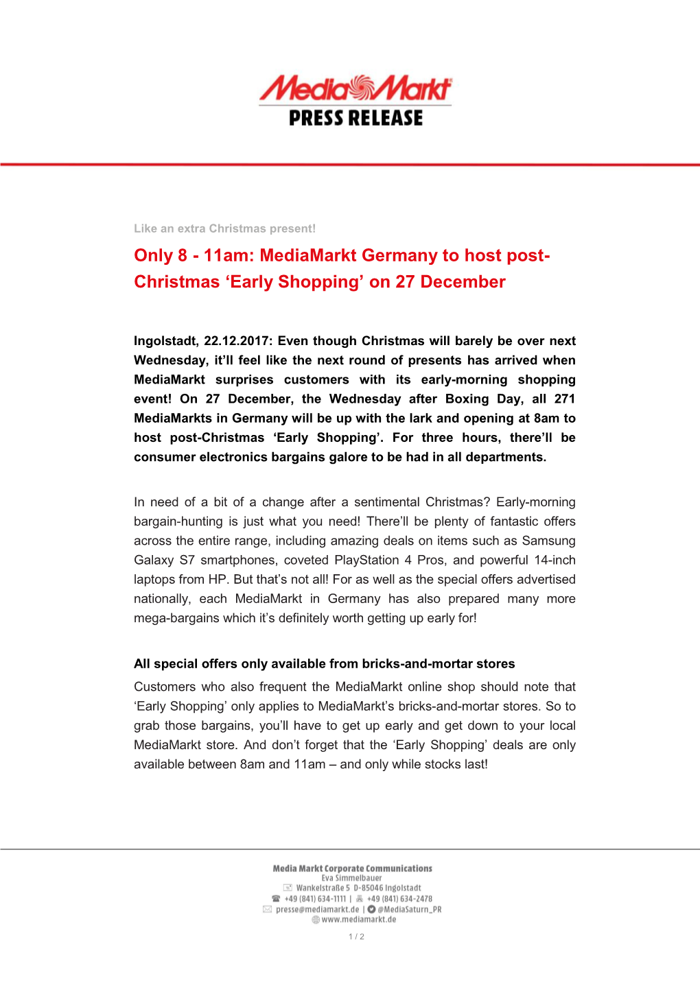 Only 8 - 11Am: Mediamarkt Germany to Host Post- Christmas ‘Early Shopping’ on 27 December