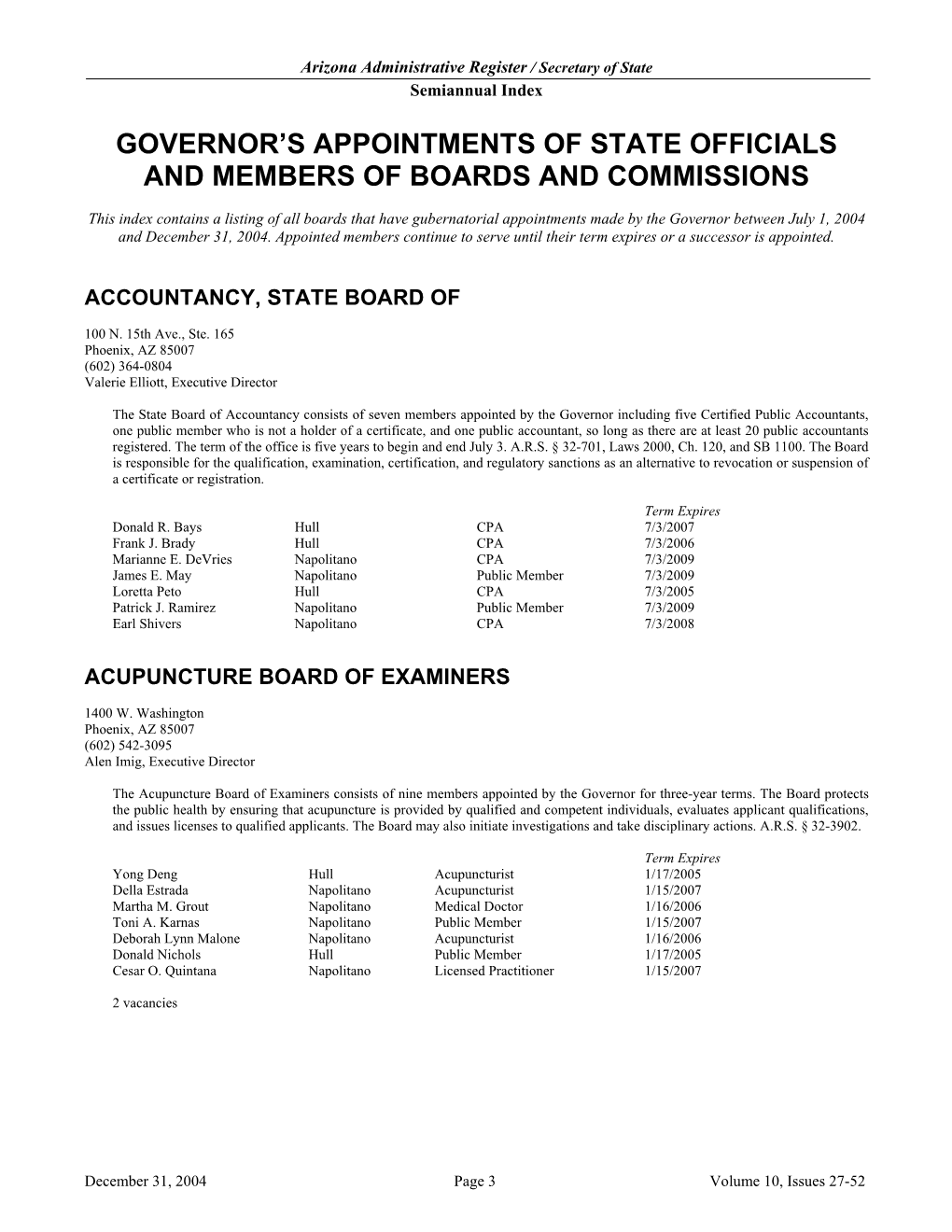 Governor's Appointments of State Officials and Members of Boards