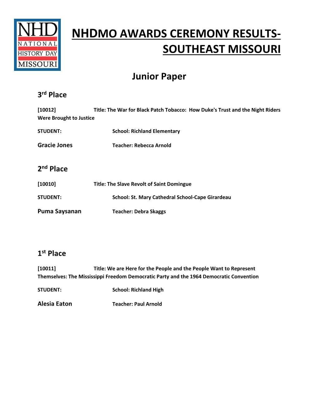 Nhdmo Awards Ceremony Results- Southeast Missouri