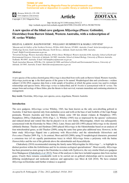 A New Species of the Blind Cave Gudgeon Milyeringa (Pisces: Gobioidei, Eleotridae) from Barrow Island, Western Australia, with a Redescription of M