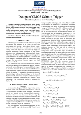 Design of CMOS Schmitt Trigger Munish Kumar, Parminder Kaur, Sheenu Thapar