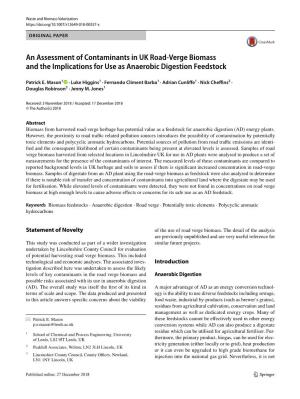 An Assessment of Contaminants in UK Road-Verge Biomass and the Implications for Use As Anaerobic Digestion Feedstock