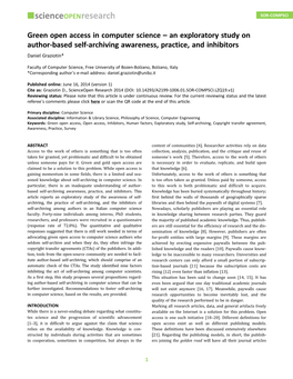 Green Open Access in Computer Science – an Exploratory Study on Author-Based Self-Archiving Awareness, Practice, and Inhibitors Daniel Graziotin*