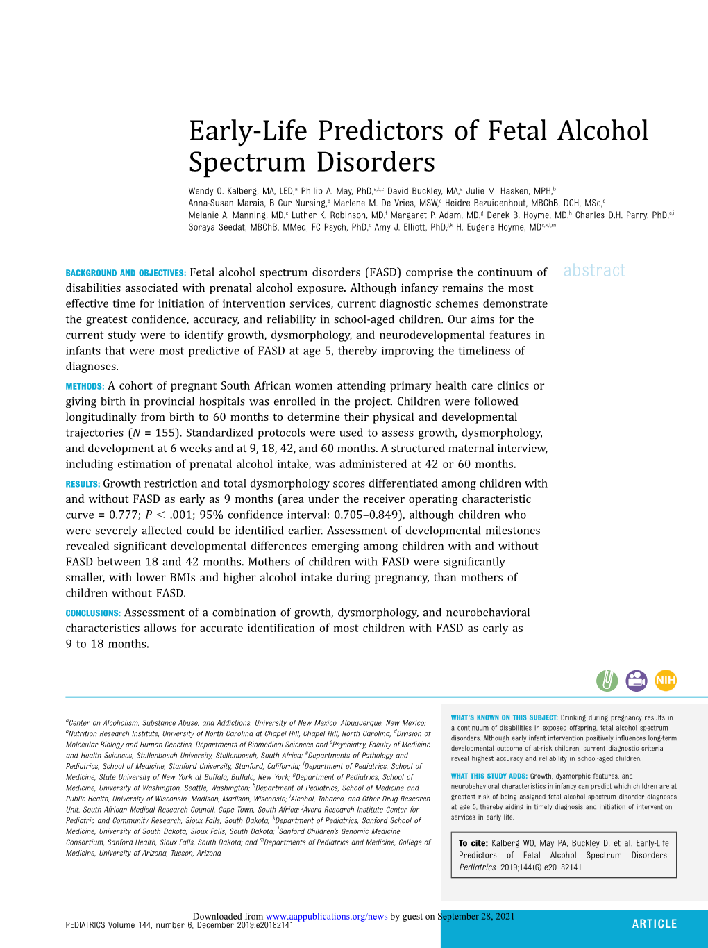 Early-Life Predictors of Fetal Alcohol Spectrum Disorders Wendy O