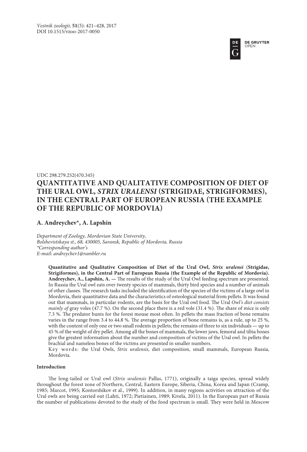 Quantitative and Qualitative Composition of Diet of The