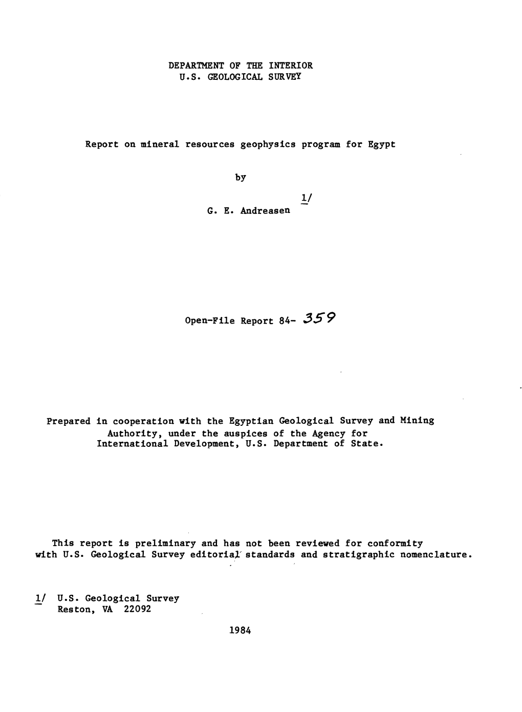 Report on Mineral Resources Geophysics Program for Egypt by I