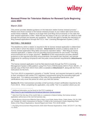 Renewal Primer for Television Stations for Renewal Cycle Beginning June 2020